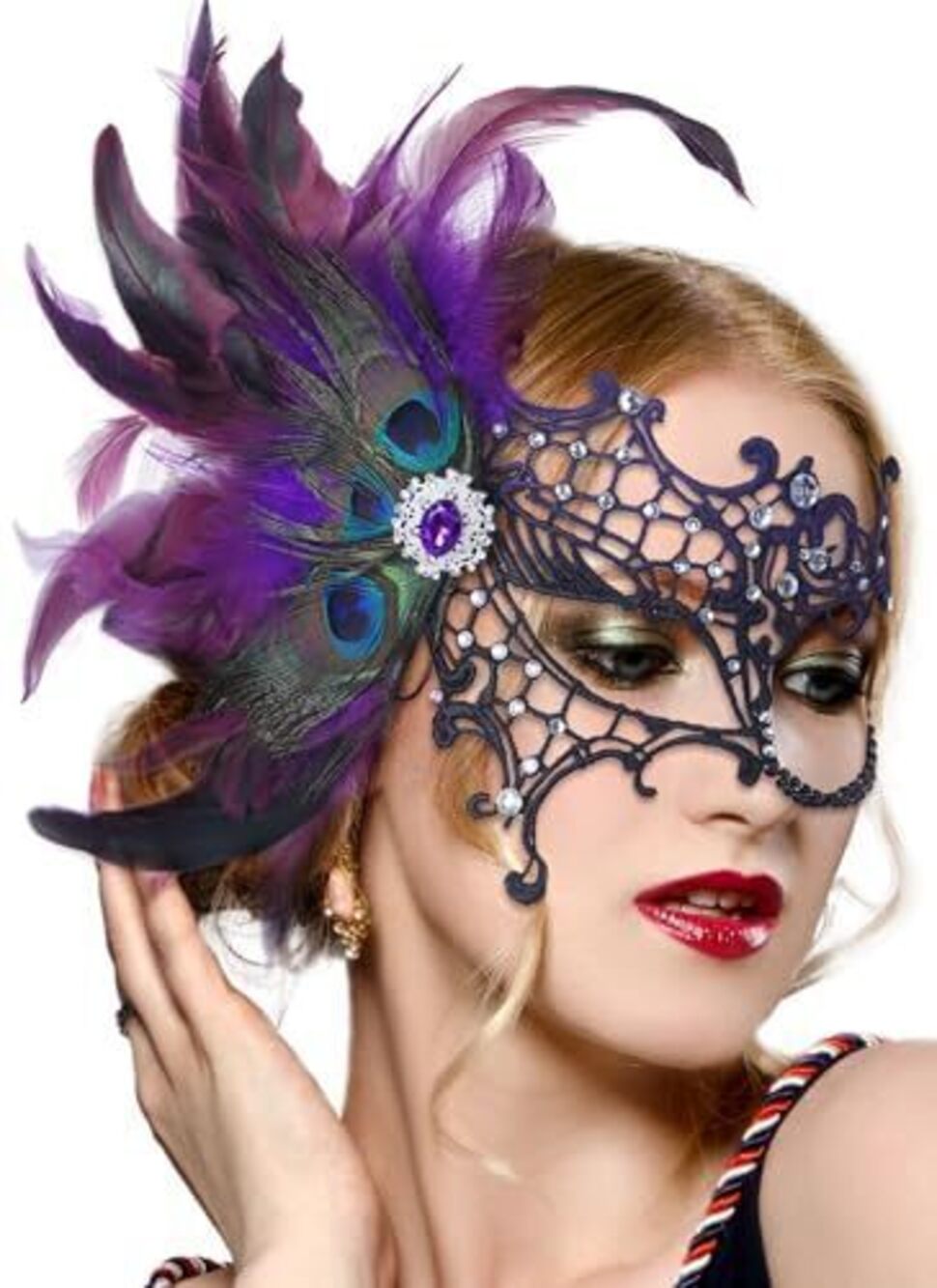 1030 Halloween Masquerade Masks -2026 Black Purple Peacock Feather Lace